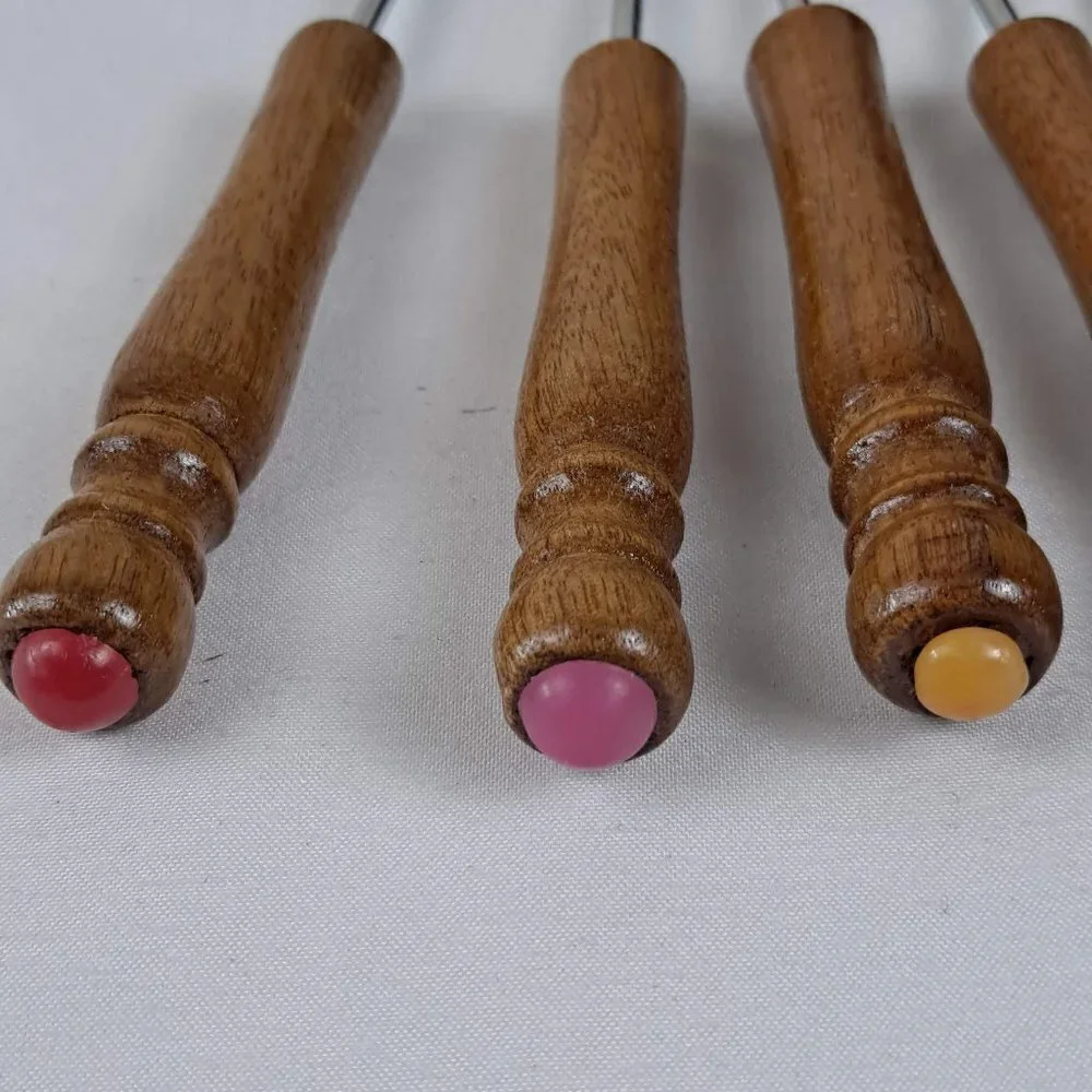 Vintage Set of 6 Fondue Forks Wooden Handles with Colorful Ends Stainless Steel